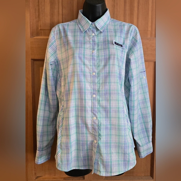 Columbia Tops - Columbia PFG Women's Structured Plaid Button Down Shirt - Blue and Green Size L